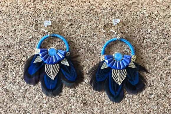 Blue Feather Loop Earrings
