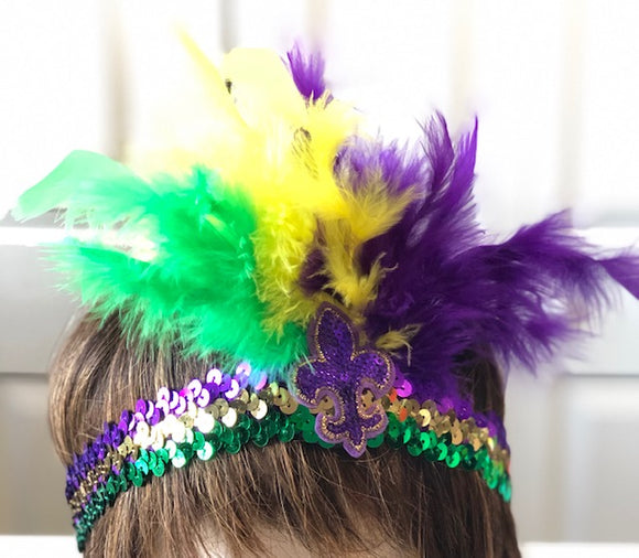 Mardi Gras FDL Sequin Headband with Feathers