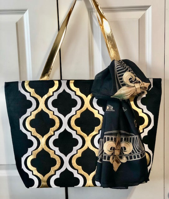 Black & Gold tote with Scarf – Nancy's Corner Gift Baskets